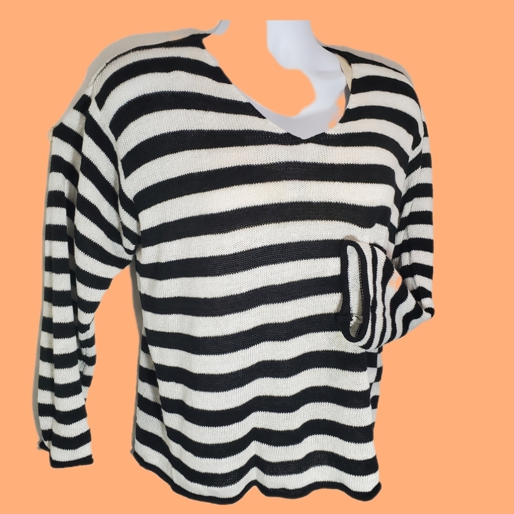 Chico's Black White Stripe Long Sleeve V-Neck Pullover Sweater Size 3 = XL EUC